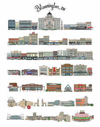 Illustrations of buildings in Bloomington, IN on a white background