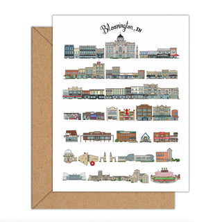 Illustration of buildings in Bloomington, IN on a card with a brown envelope.