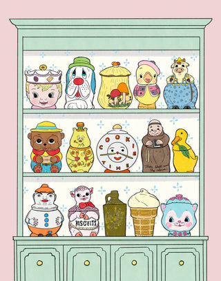 Vintage Cookie jars on a shelf art print.