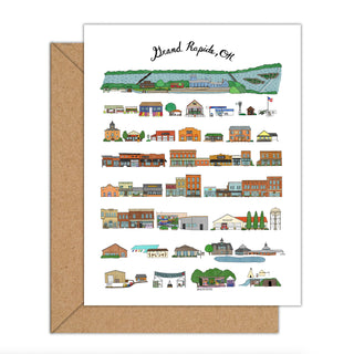 Greeting card with illustrations of buildings and text 'Grand Rapids, OH' on a white background.