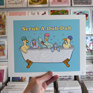 Scrub-a-dub-dub 5 ducks in a tub.