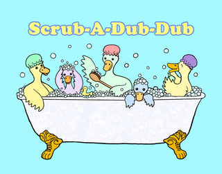 Scrub-a-dub-dub 5 ducks in a tub.