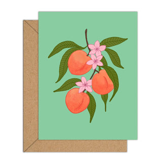 Card with peach illustration on a green background