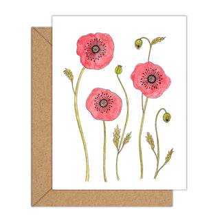 Greeting card with red poppies and a brown envelope on a white background