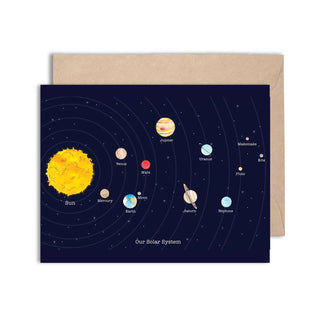 Card with illustration of the solar system and envelope on a white background