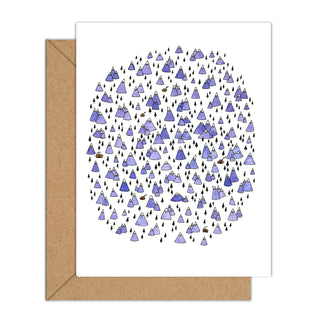 Greeting card with purple mountain pattern and brown envelope on white background