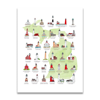 Hand-drawn illustration of Michigan lighthouses by Jodi Lynn Burton — pen and watercolor style print, Great Lakes lighthouse art.